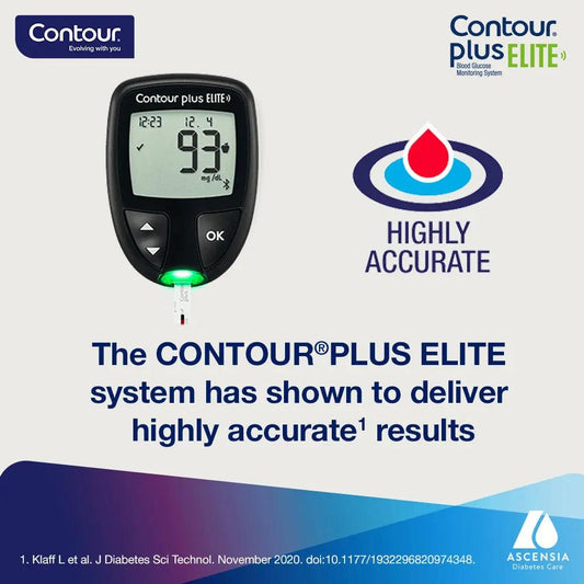 Contour Plus Elite Blood Glucose Monitoring System with 25 Test Strips Free - Ascensia
